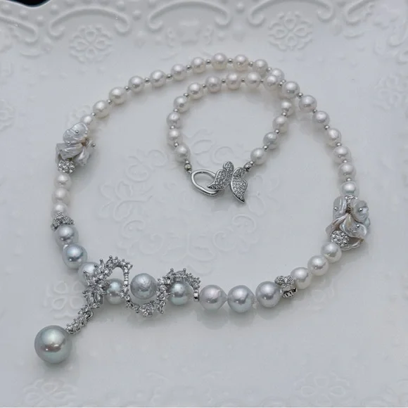 X483 Handmade Akoya Sea Pearl Freshwater Baroque Pearl Necklace